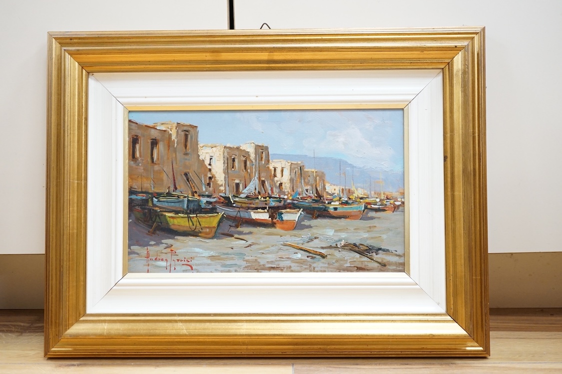 Guido Borelli (Italian, b.1952), set of five oils on board to include ‘Scena Di Villaggio’ and ‘Scorcio Venegiauo’, each signed, some with details verso, largest 17 x 29cm. Condition - fair to good